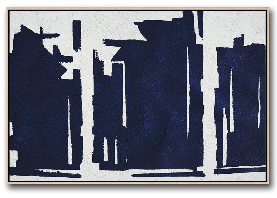Horizontal Abstract Painting Navy Blue Minimalist Painting On Canvas - Abstract Art Online Extra Large